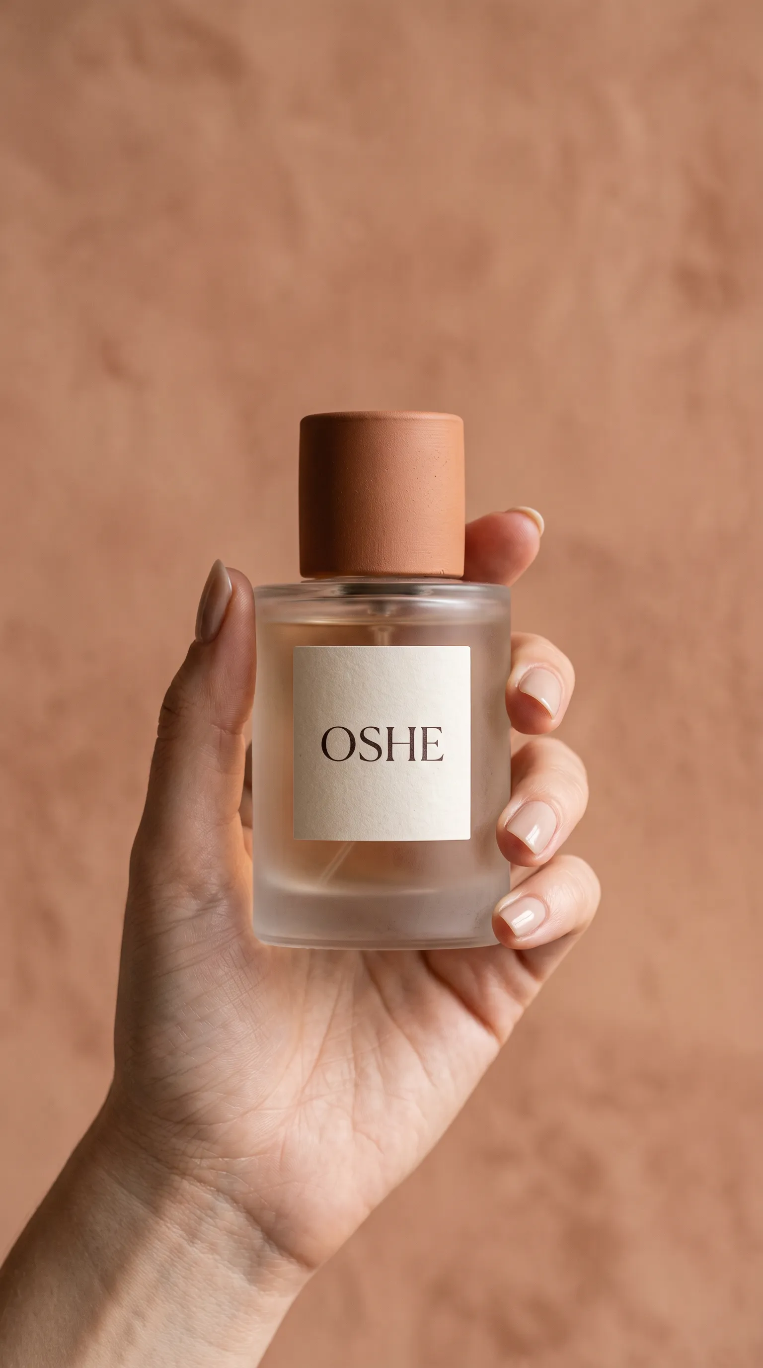 Oshe fragrance held against a clay wall