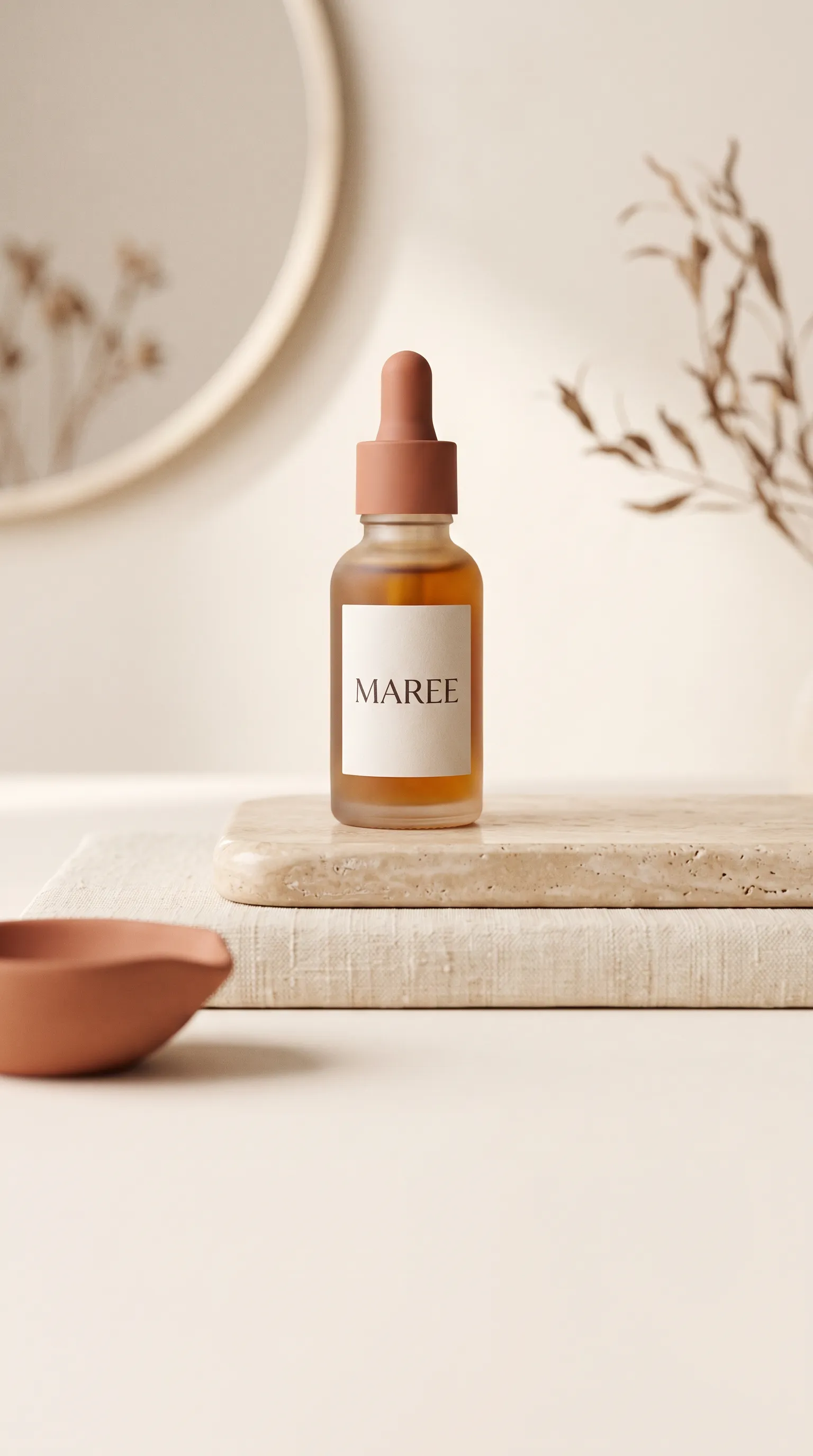 Lifestyle ad: serum in a styled vanity